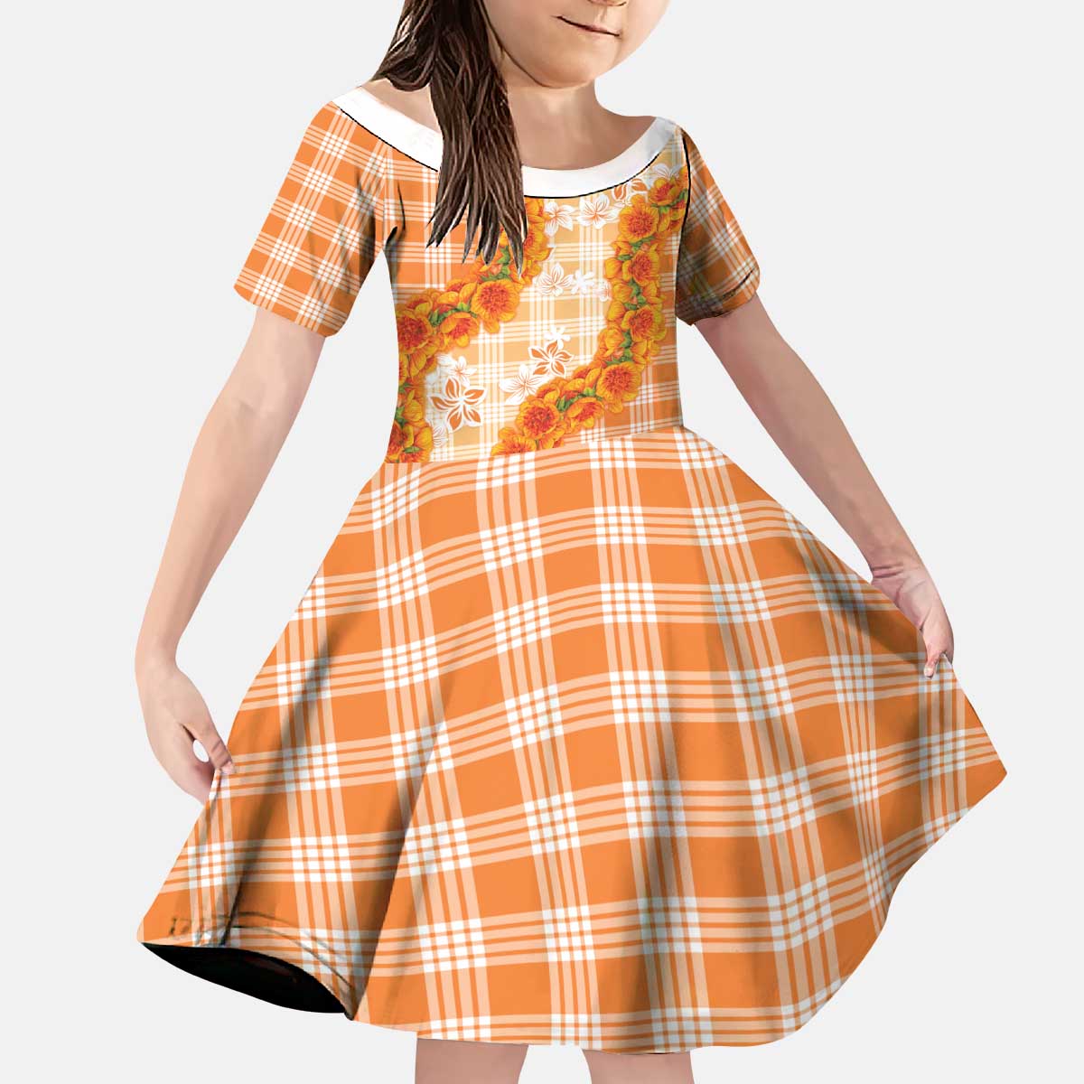 Orange Hawaii Palaka Kid Short Sleeve Dress Hawaiian Ilima Lei LT05 KID Orange - Polynesian Pride