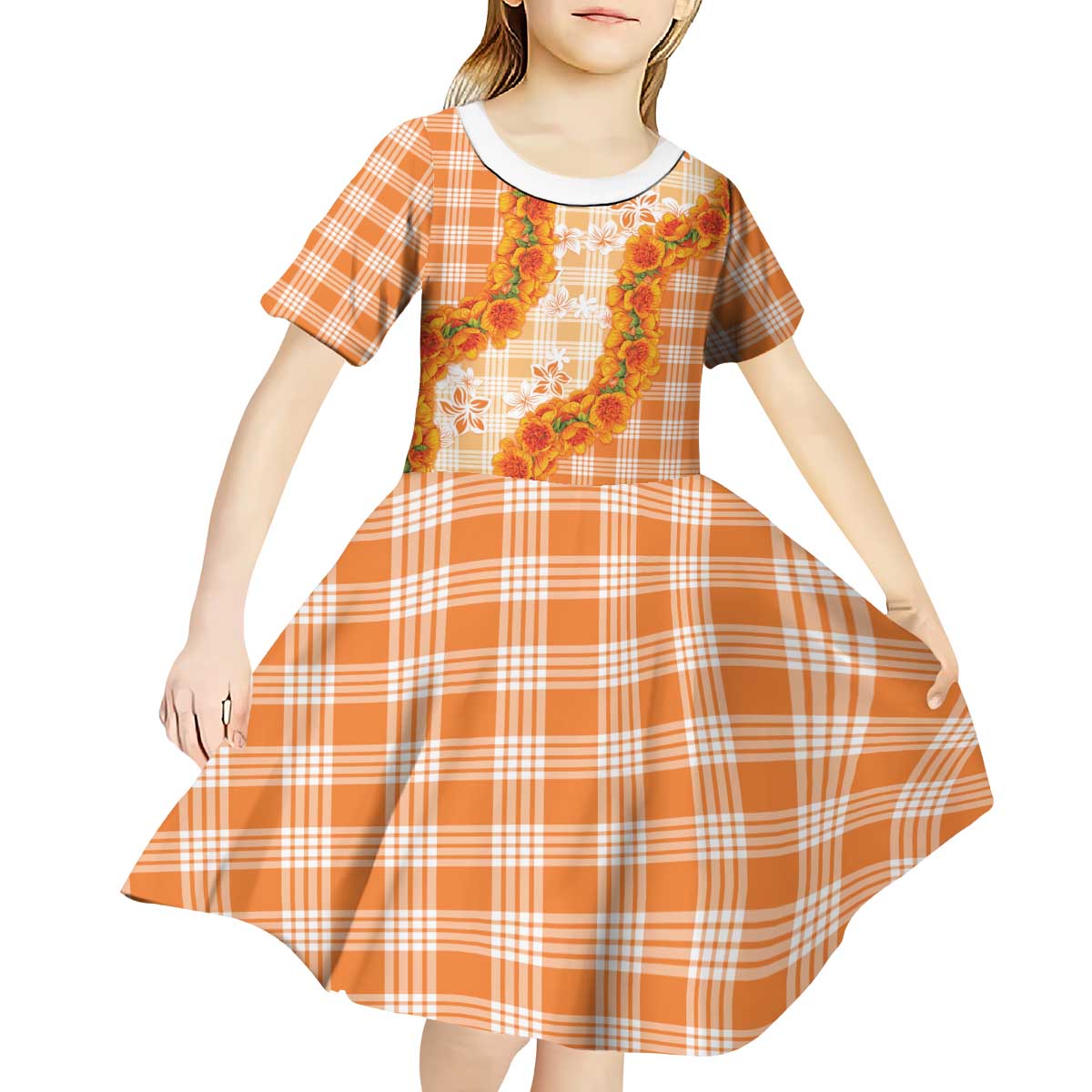 Orange Hawaii Palaka Kid Short Sleeve Dress Hawaiian Ilima Lei LT05 - Polynesian Pride