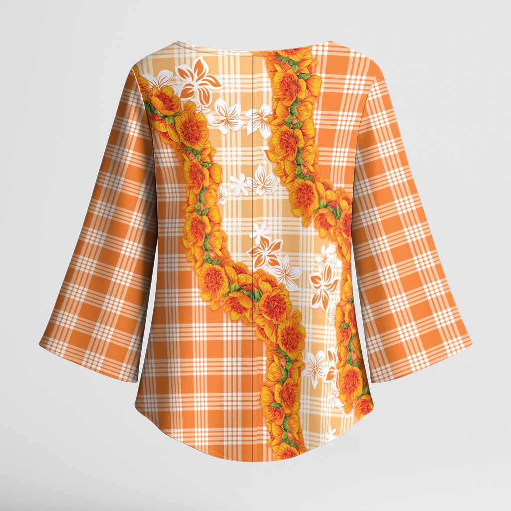 Orange Hawaii Palaka Kimono Sleeve Blouse Hawaiian Ilima Lei