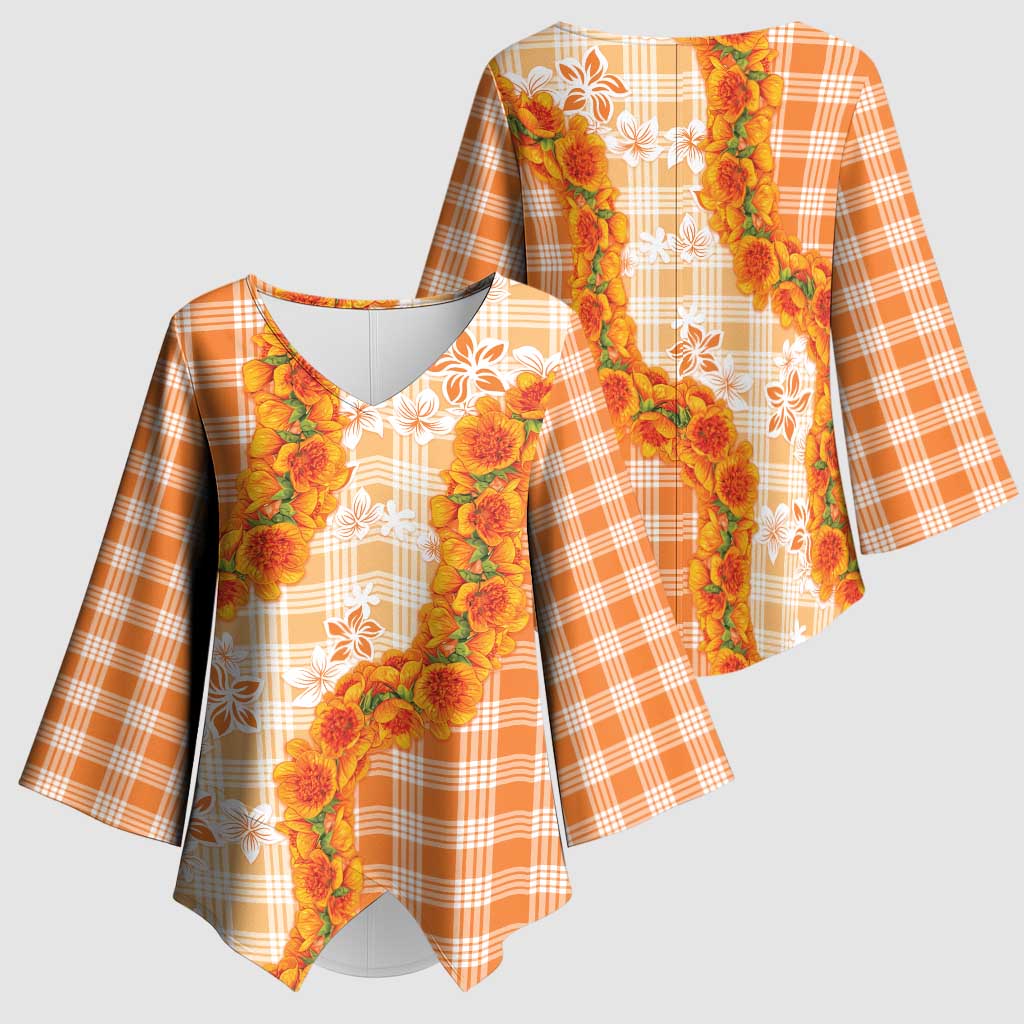 Orange Hawaii Palaka Kimono Sleeve Blouse Hawaiian Ilima Lei