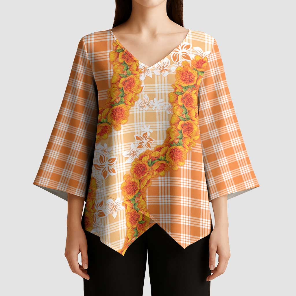 Orange Hawaii Palaka Kimono Sleeve Blouse Hawaiian Ilima Lei