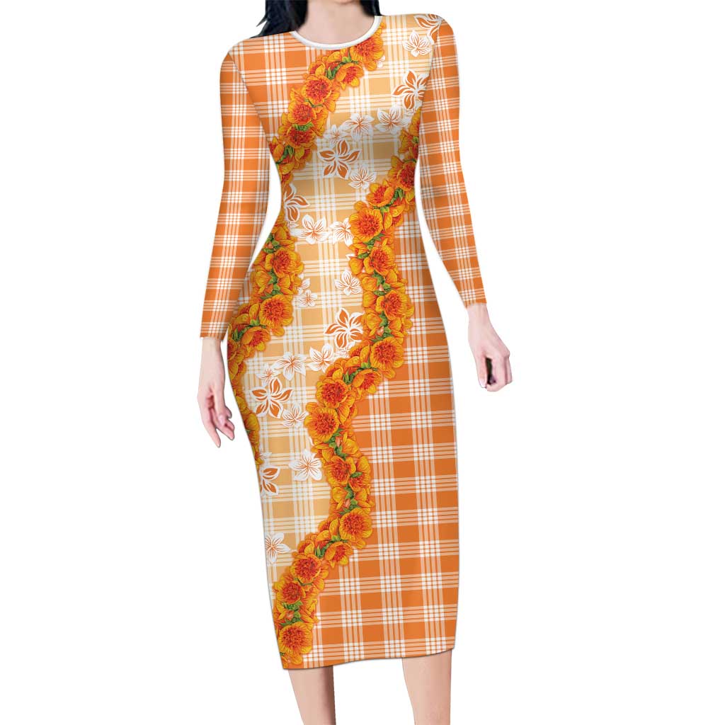 Orange Hawaii Palaka Long Sleeve Bodycon Dress Hawaiian Ilima Lei LT05 Long Dress Orange - Polynesian Pride