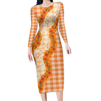 Orange Hawaii Palaka Long Sleeve Bodycon Dress Hawaiian Ilima Lei LT05 Long Dress Orange - Polynesian Pride