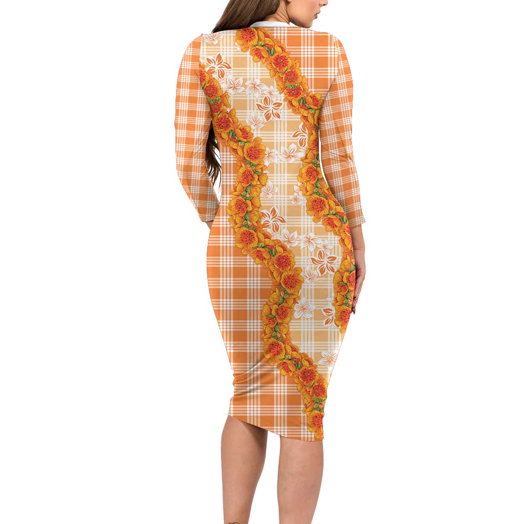 Orange Hawaii Palaka Long Sleeve Bodycon Dress Hawaiian Ilima Lei LT05 - Polynesian Pride