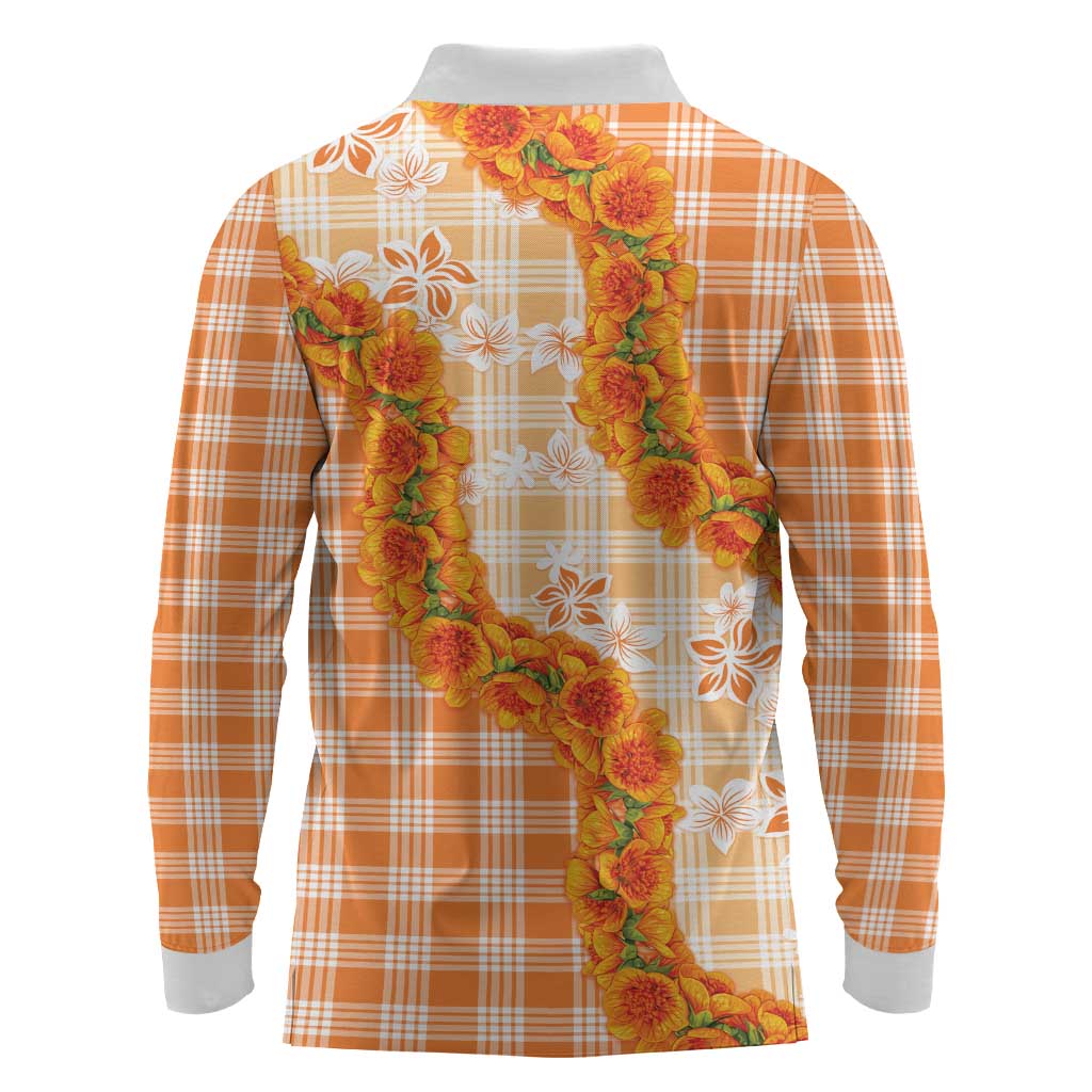 Orange Hawaii Palaka Long Sleeve Polo Shirt Hawaiian Ilima Lei LT05 - Polynesian Pride