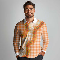 Orange Hawaii Palaka Long Sleeve Polo Shirt Hawaiian Ilima Lei LT05 - Polynesian Pride