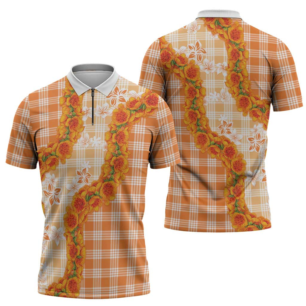 Orange Hawaii Palaka Zipper Polo Shirt Hawaiian Ilima Lei LT05 - Polynesian Pride