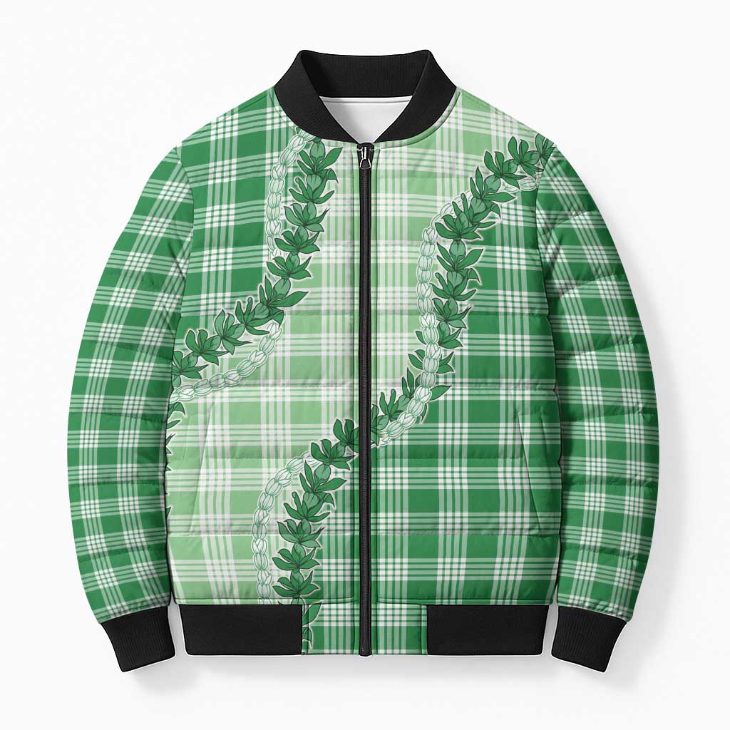 Green Hawaii Palaka Bomber Puffer Jacket Hawaiian Pikake Lei