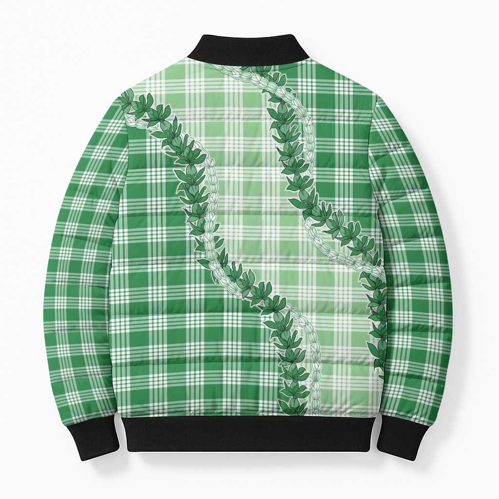 Green Hawaii Palaka Bomber Puffer Jacket Hawaiian Pikake Lei