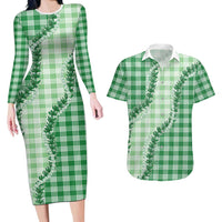 Green Hawaii Palaka Couples Matching Long Sleeve Bodycon Dress and Hawaiian Shirt Hawaiian Pikake Lei