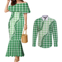 Green Hawaii Palaka Couples Matching Mermaid Dress and Long Sleeve Button Shirt Hawaiian Pikake Lei
