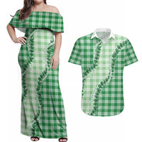 Green Hawaii Palaka Couples Matching Off Shoulder Maxi Dress and Hawaiian Shirt Hawaiian Pikake Lei