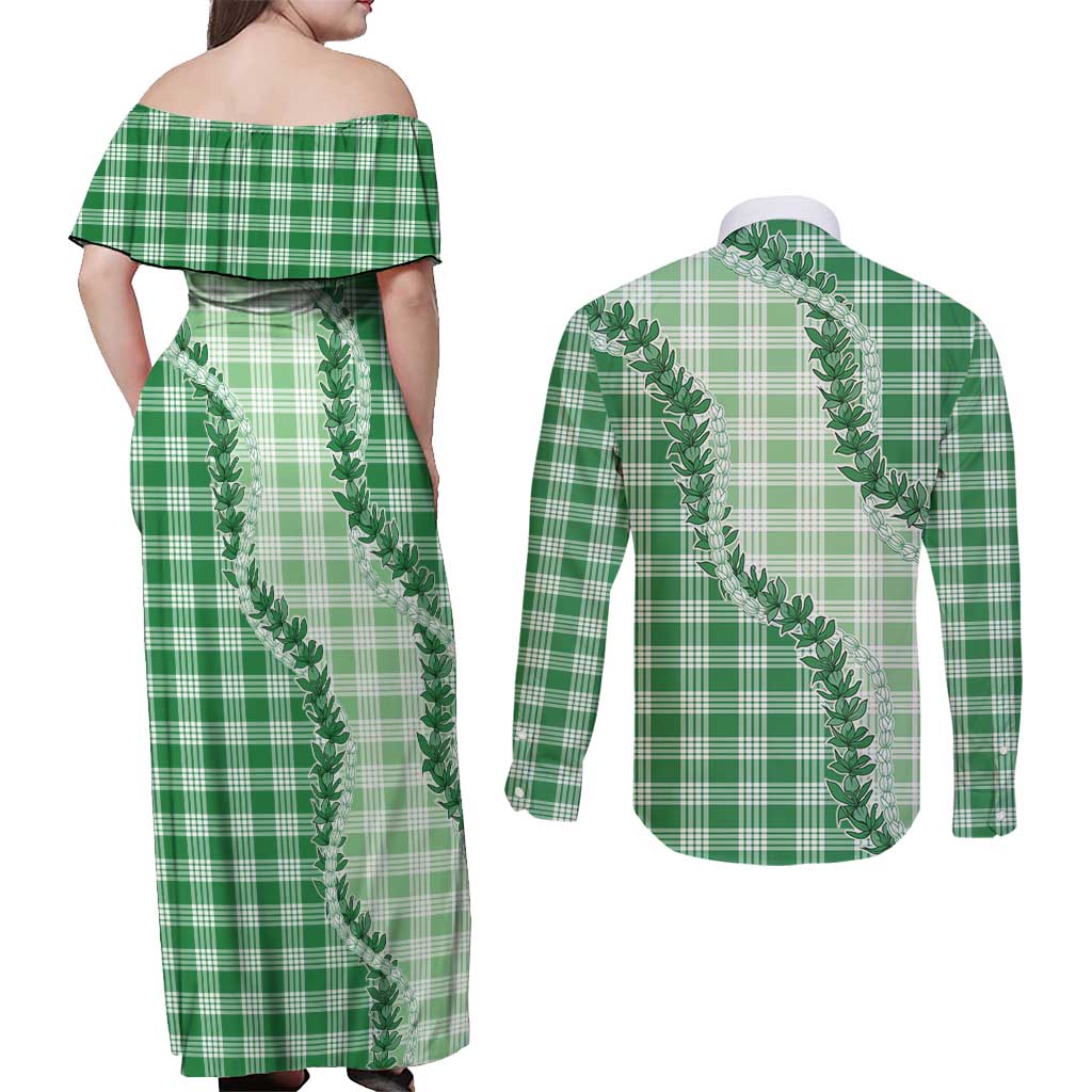 Green Hawaii Palaka Couples Matching Off Shoulder Maxi Dress and Long Sleeve Button Shirt Hawaiian Pikake Lei