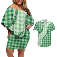 Green Hawaii Palaka Couples Matching Off Shoulder Short Dress and Hawaiian Shirt Hawaiian Pikake Lei