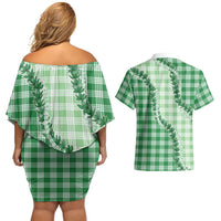 Green Hawaii Palaka Couples Matching Off Shoulder Short Dress and Hawaiian Shirt Hawaiian Pikake Lei