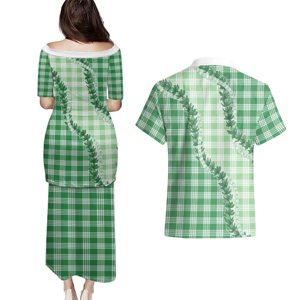 Green Hawaii Palaka Couples Matching Puletasi and Hawaiian Shirt Hawaiian Pikake Lei