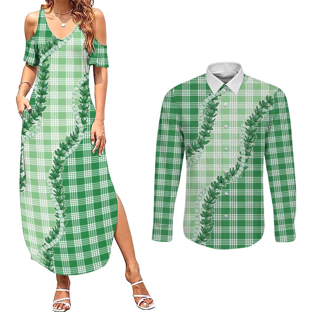 Green Hawaii Palaka Couples Matching Summer Maxi Dress and Long Sleeve Button Shirt Hawaiian Pikake Lei