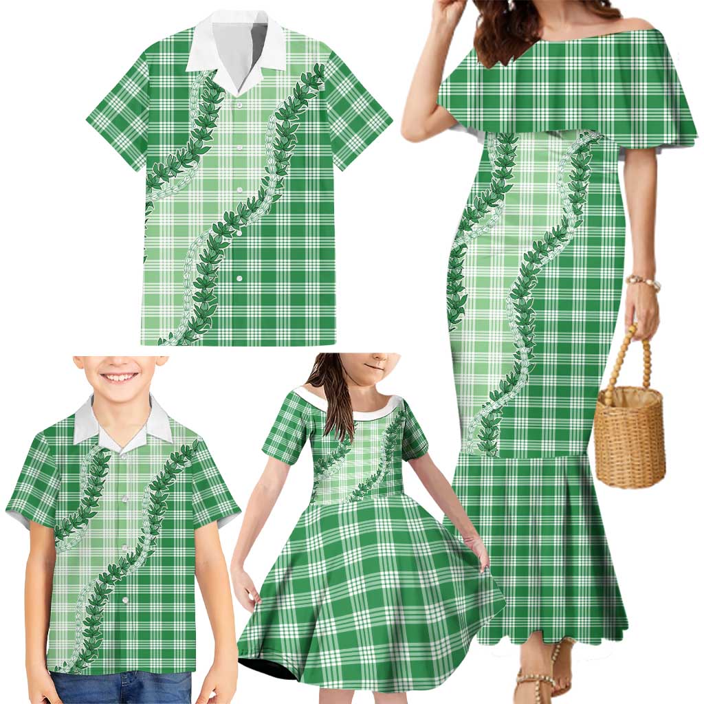 Green Hawaii Palaka Family Matching Mermaid Dress and Hawaiian Shirt Hawaiian Pikake Lei