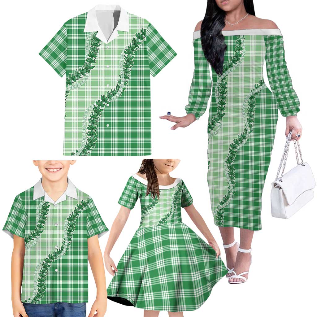 Green Hawaii Palaka Family Matching Off The Shoulder Long Sleeve Dress and Hawaiian Shirt Hawaiian Pikake Lei