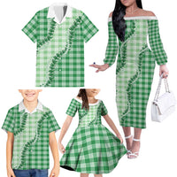 Green Hawaii Palaka Family Matching Off The Shoulder Long Sleeve Dress and Hawaiian Shirt Hawaiian Pikake Lei