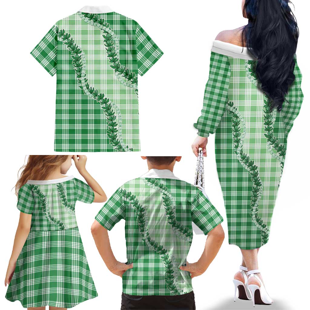 Green Hawaii Palaka Family Matching Off The Shoulder Long Sleeve Dress and Hawaiian Shirt Hawaiian Pikake Lei