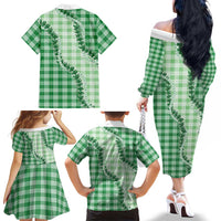 Green Hawaii Palaka Family Matching Off The Shoulder Long Sleeve Dress and Hawaiian Shirt Hawaiian Pikake Lei