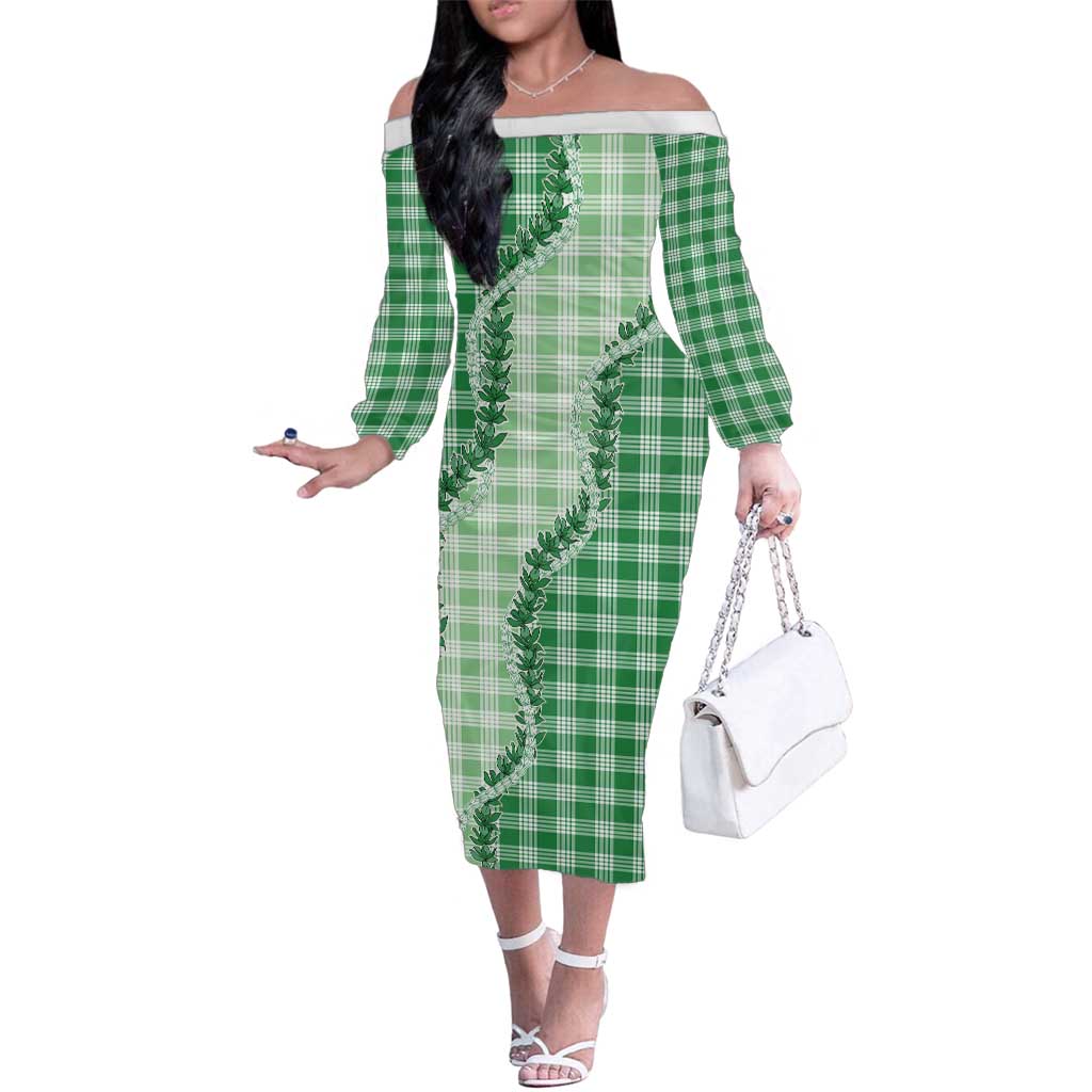 Green Hawaii Palaka Family Matching Off The Shoulder Long Sleeve Dress and Hawaiian Shirt Hawaiian Pikake Lei