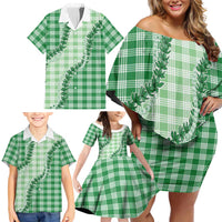 Green Hawaii Palaka Family Matching Off Shoulder Short Dress and Hawaiian Shirt Hawaiian Pikake Lei