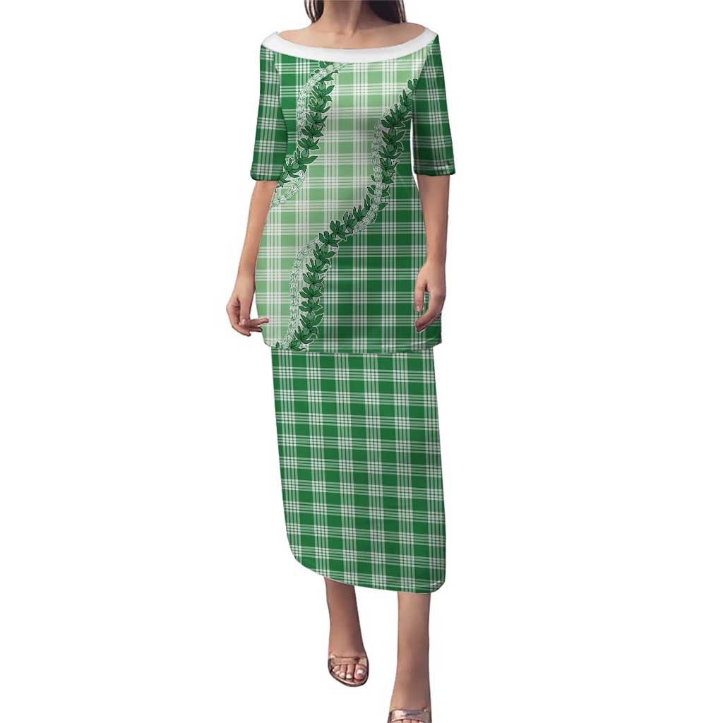 Green Hawaii Palaka Family Matching Puletasi and Hawaiian Shirt Hawaiian Pikake Lei