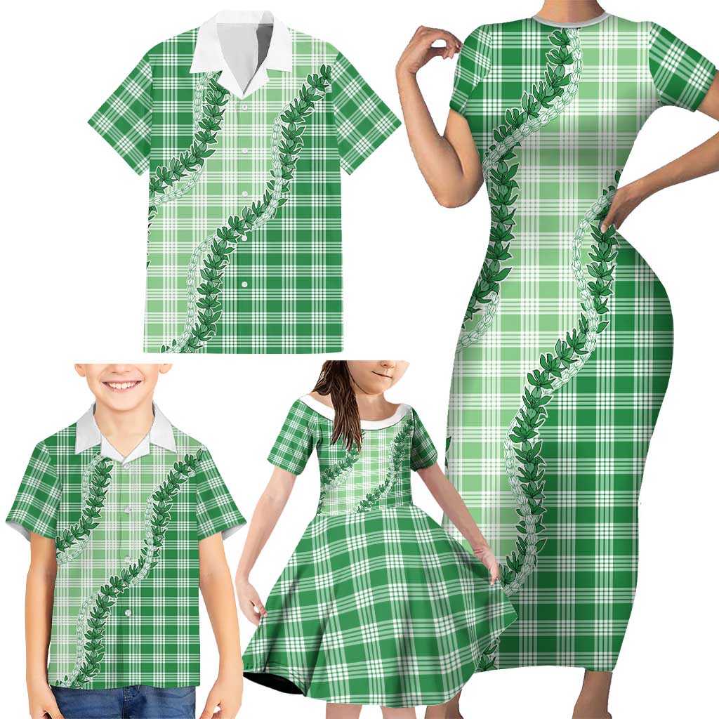 Green Hawaii Palaka Family Matching Short Sleeve Bodycon Dress and Hawaiian Shirt Hawaiian Pikake Lei