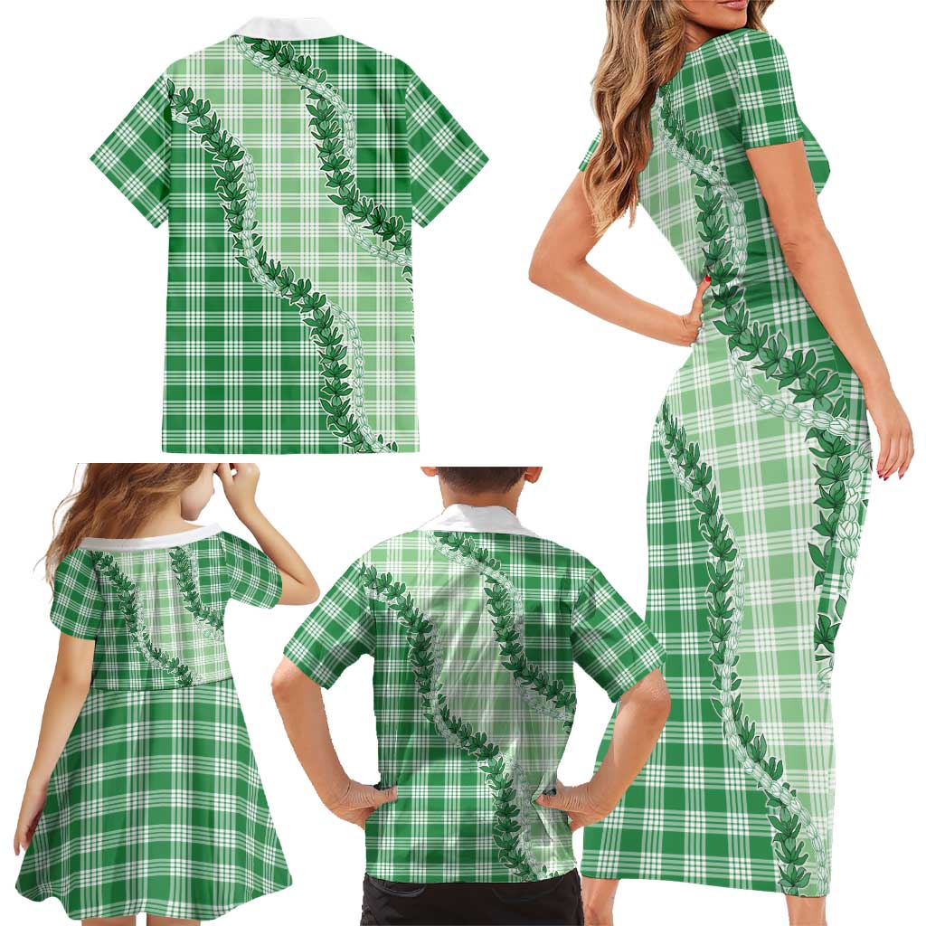 Green Hawaii Palaka Family Matching Short Sleeve Bodycon Dress and Hawaiian Shirt Hawaiian Pikake Lei