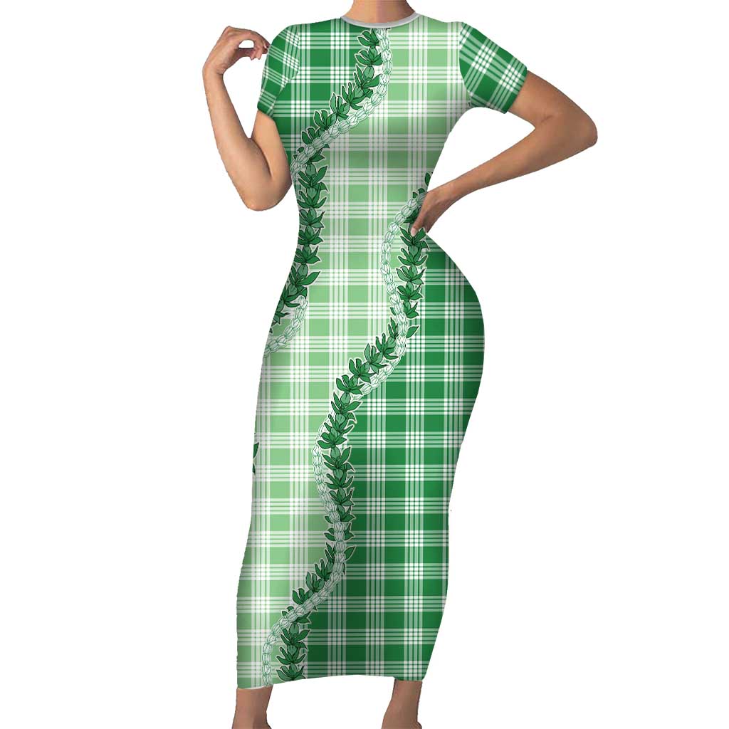 Green Hawaii Palaka Family Matching Short Sleeve Bodycon Dress and Hawaiian Shirt Hawaiian Pikake Lei