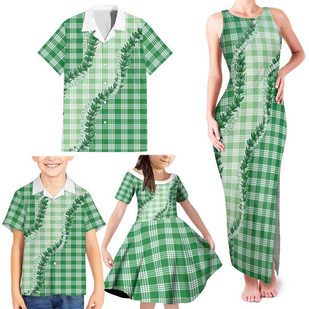 Green Hawaii Palaka Family Matching Tank Maxi Dress and Hawaiian Shirt Hawaiian Pikake Lei LT05 - Polynesian Pride