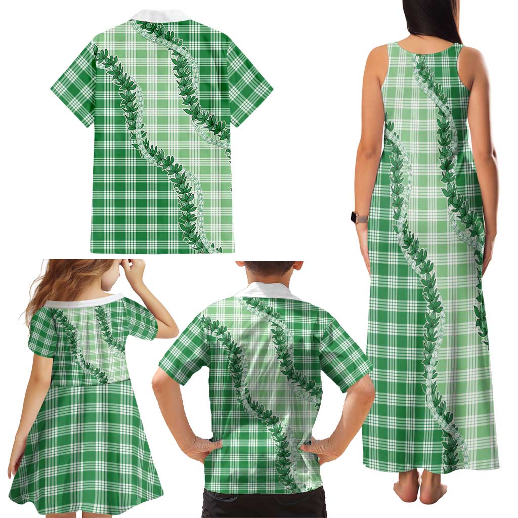 Green Hawaii Palaka Family Matching Tank Maxi Dress and Hawaiian Shirt Hawaiian Pikake Lei LT05 - Polynesian Pride