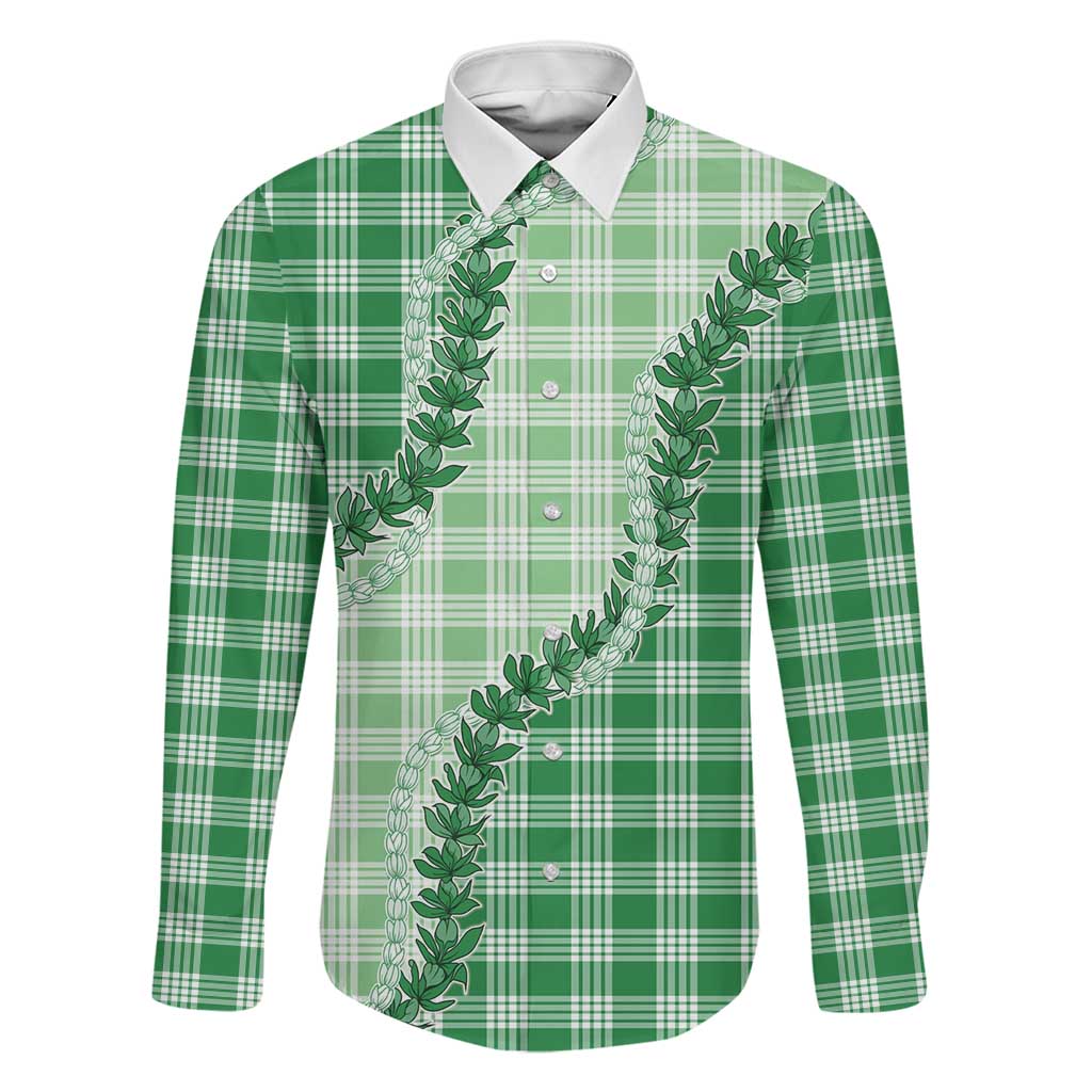 Green Hawaii Palaka Family Matching Tank Maxi Dress and Hawaiian Shirt Hawaiian Pikake Lei LT05 Dad's Shirt - Long Sleeve Green - Polynesian Pride