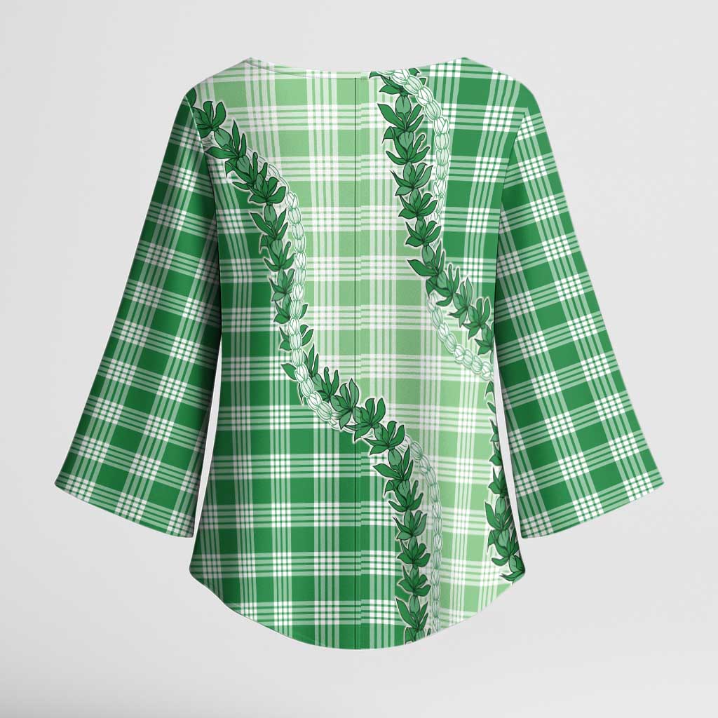 Green Hawaii Palaka Kimono Sleeve Blouse Hawaiian Pikake Lei LT05 - Polynesian Pride