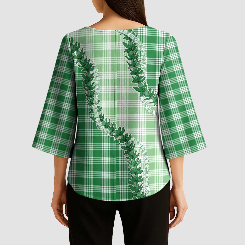 Green Hawaii Palaka Kimono Sleeve Blouse Hawaiian Pikake Lei LT05 - Polynesian Pride