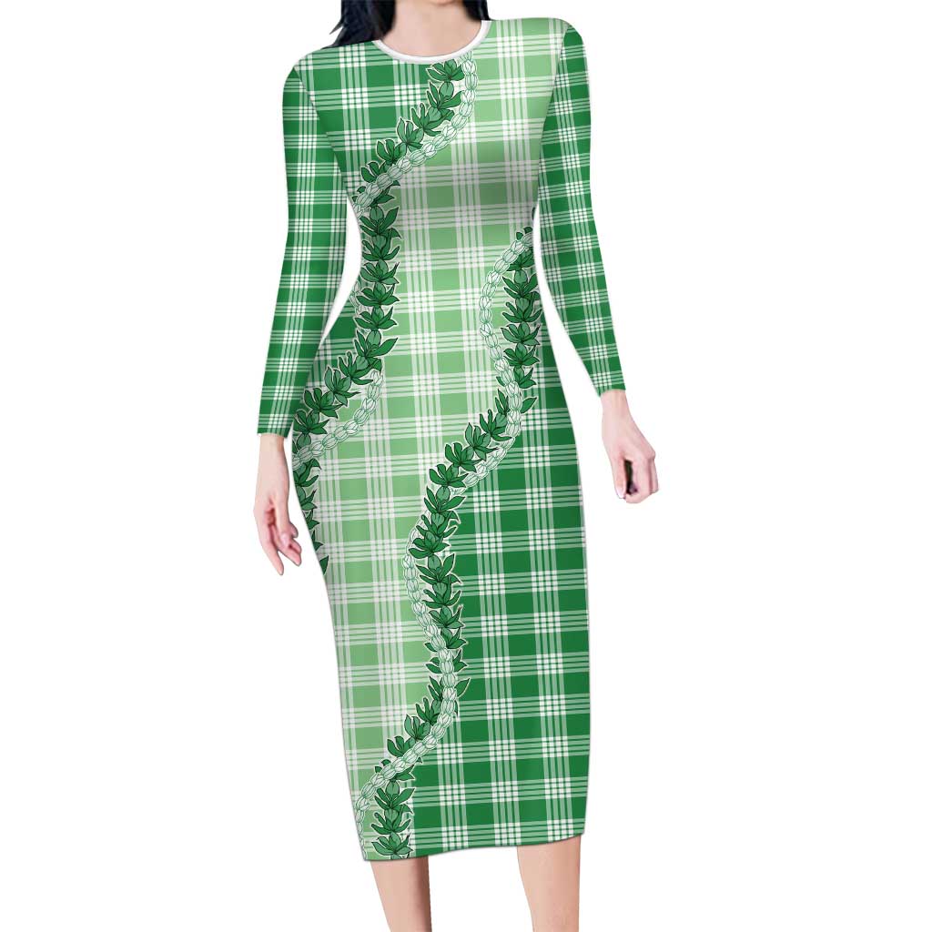 Green Hawaii Palaka Long Sleeve Bodycon Dress Hawaiian Pikake Lei