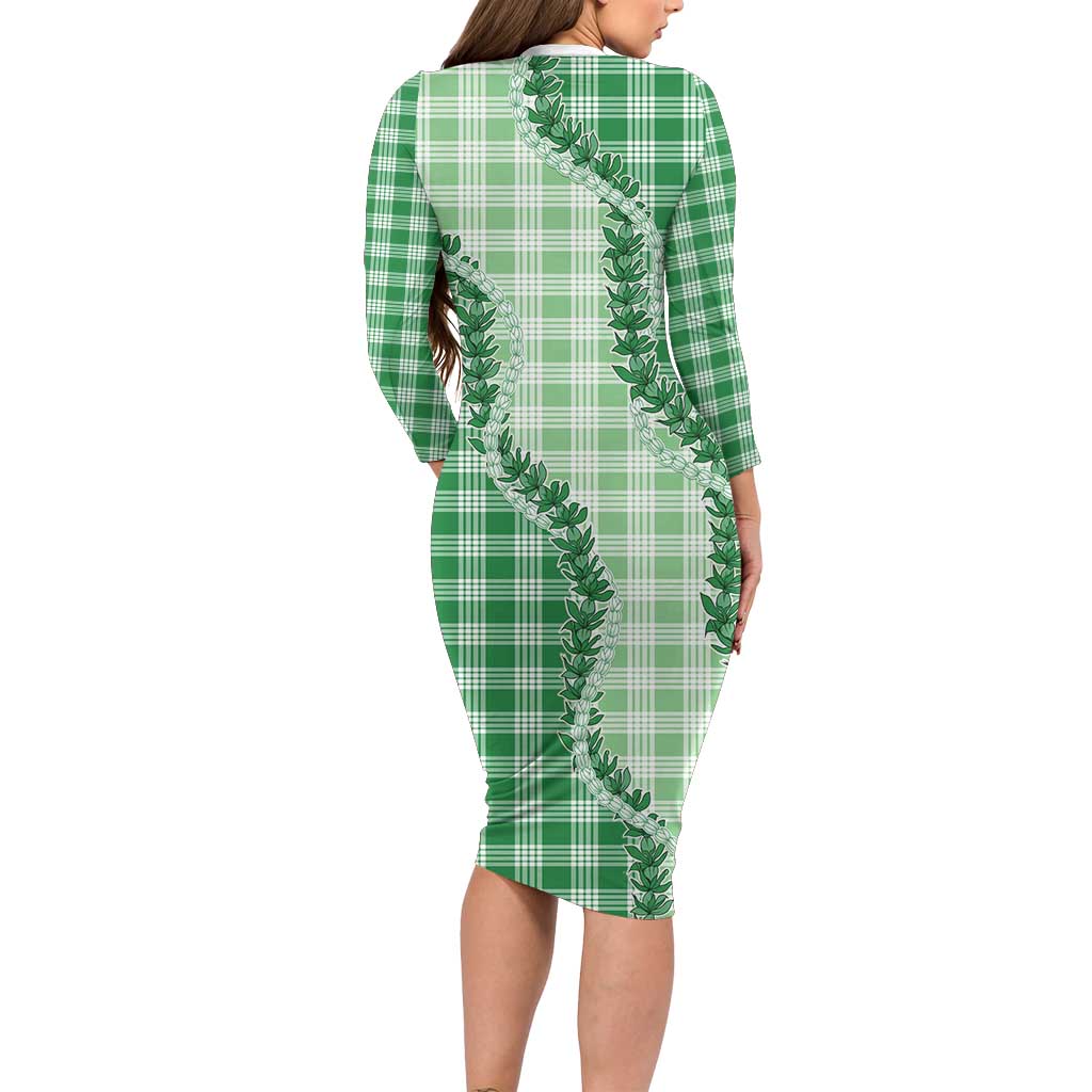 Green Hawaii Palaka Long Sleeve Bodycon Dress Hawaiian Pikake Lei