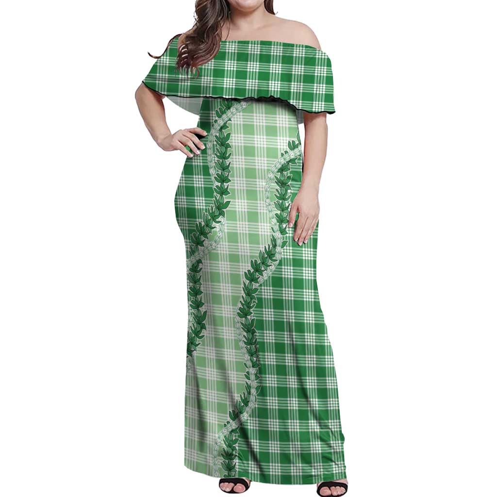 Green Hawaii Palaka Off Shoulder Maxi Dress Hawaiian Pikake Lei LT05 Women Green - Polynesian Pride