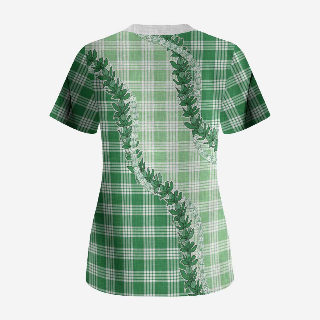 Green Hawaii Palaka Scrub Top Hawaiian Pikake Lei