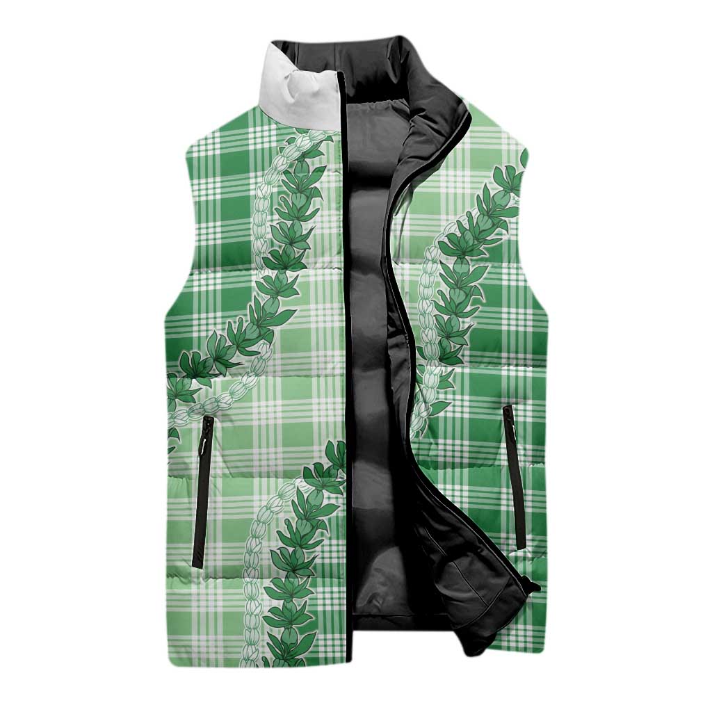 Green Hawaii Palaka Sleeveless Puffer Jacket Hawaiian Pikake Lei