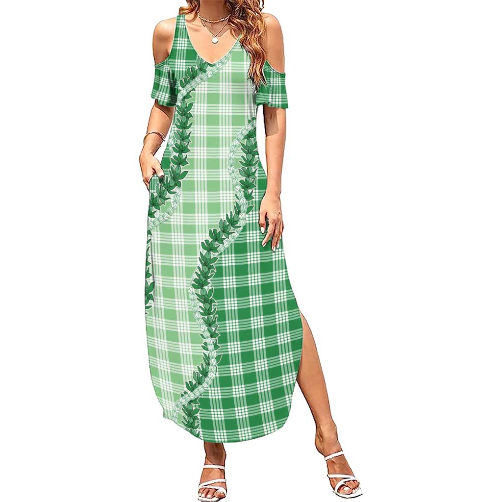 Green Hawaii Palaka Summer Maxi Dress Hawaiian Pikake Lei