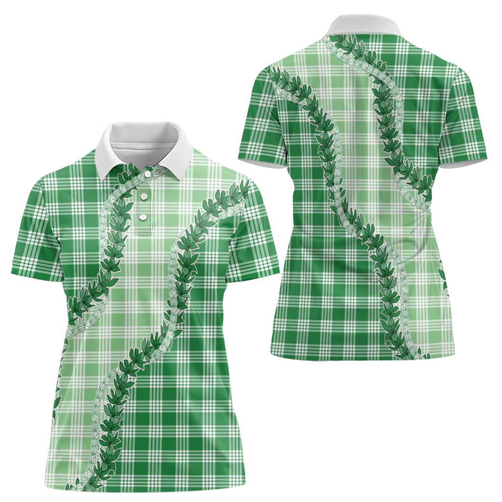 Green Hawaii Palaka Women Polo Shirt Hawaiian Pikake Lei