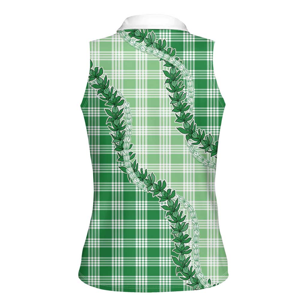 Green Hawaii Palaka Women Sleeveless Polo Shirt Hawaiian Pikake Lei LT05 - Polynesian Pride