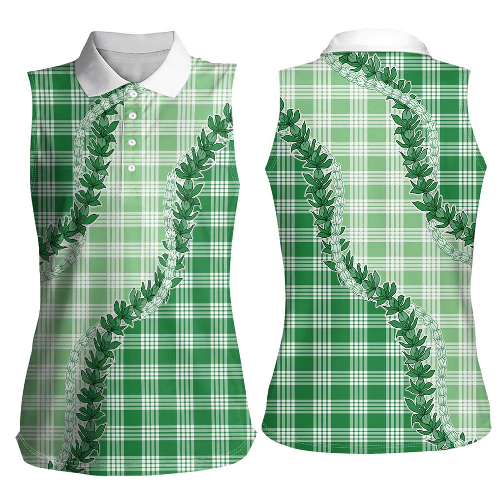 Green Hawaii Palaka Women Sleeveless Polo Shirt Hawaiian Pikake Lei LT05 - Polynesian Pride