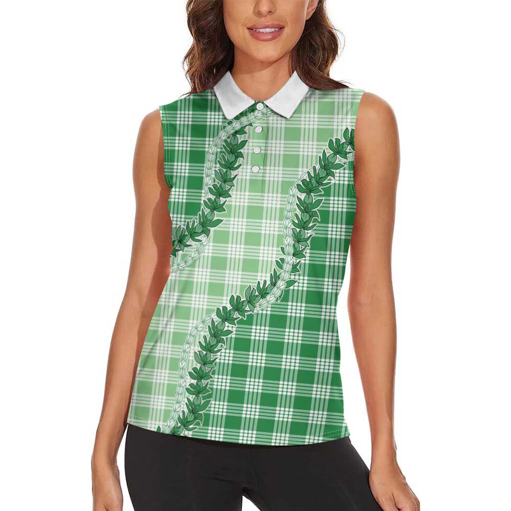 Green Hawaii Palaka Women Sleeveless Polo Shirt Hawaiian Pikake Lei LT05 - Polynesian Pride