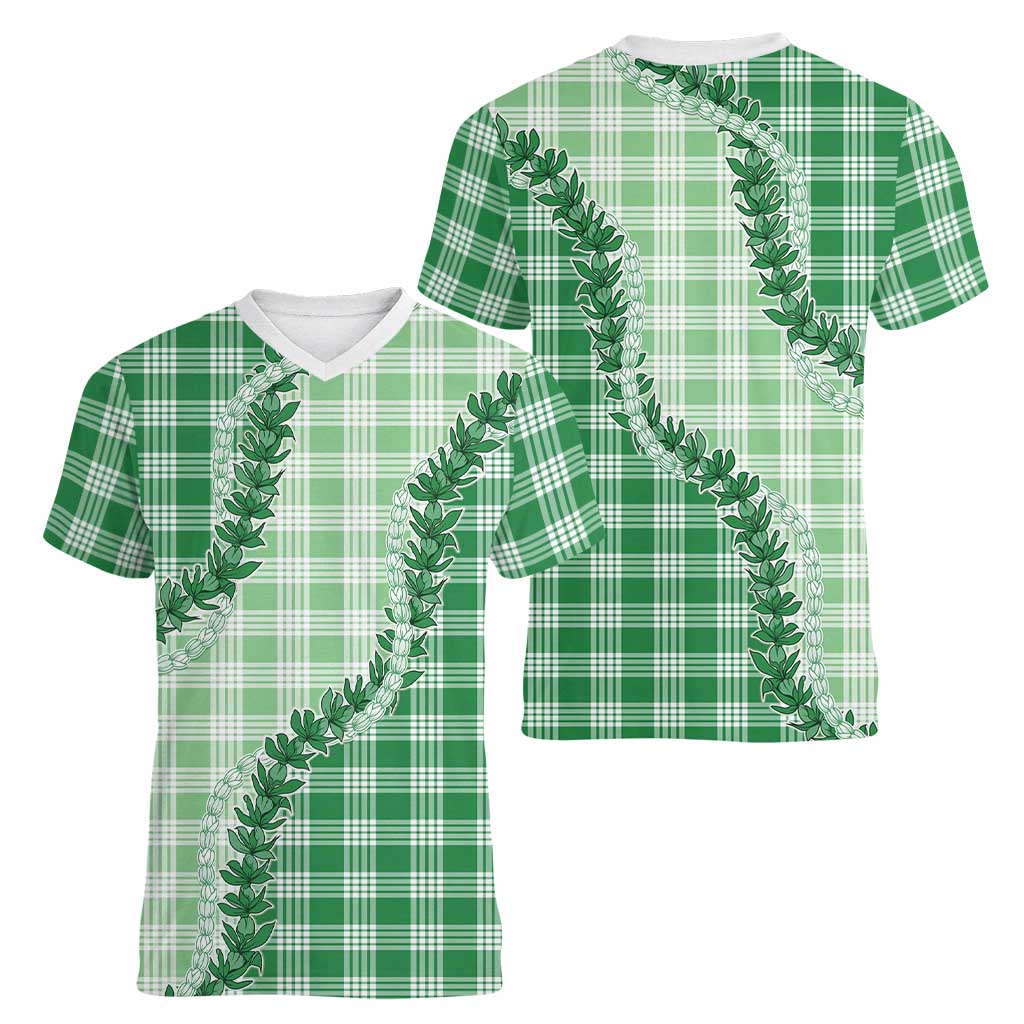 Green Hawaii Palaka Women V-Neck T-Shirt Hawaiian Pikake Lei