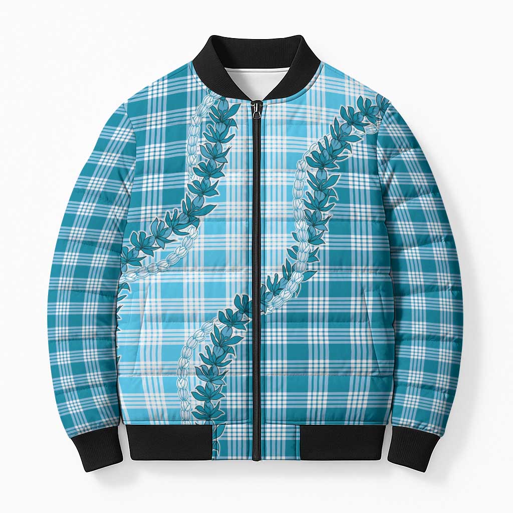 Blue Hawaii Palaka Bomber Puffer Jacket Hawaiian Pikake Lei