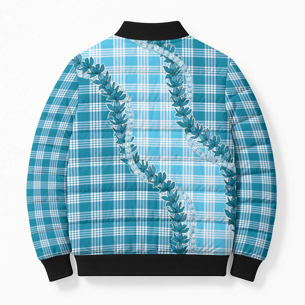 Blue Hawaii Palaka Bomber Puffer Jacket Hawaiian Pikake Lei